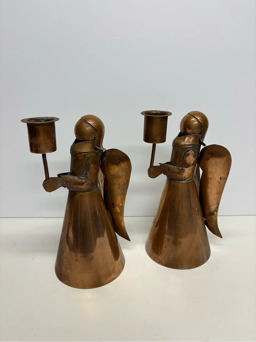 Vintage Copper Angel Candle Holders - Pair Folk Art Set 2
